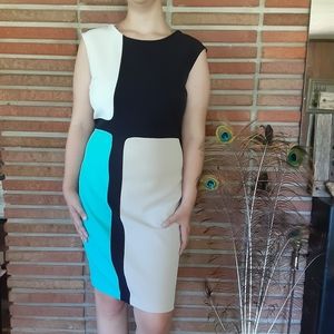 Sandra Darren Size 10 White/Jade/Cream/Black Dress